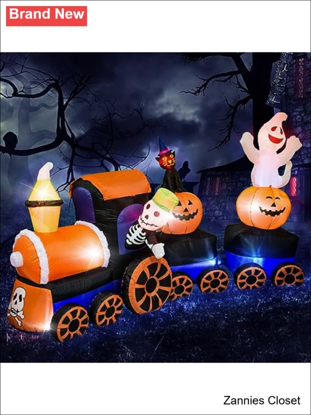 👻 9FT Halloween Inflatable Train Kittens Ghosts Pumpkin w/ LED Lights